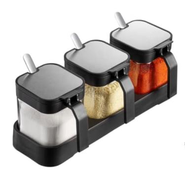 Imagem de LOYUYU Pote Para Condimentos, Recipiente Especiarias Com Tampa E Colher, Conjunto De 3 Potes Vidro Transparente 10 Oz, Temperos, Saleiro, Açucareiro Cozinha, Armazenamento Alimentos Preto