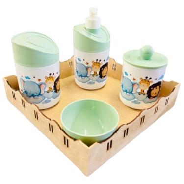 Imagem de Kit Higiene Bebê Safari Hora Do Sono C/bandeja MDF (Quadrada Crua/Verde)