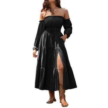 Imagem de Scarlet Darkness Vestido feminino renascentista tomara que caia manga comprida com fenda, Preto, P