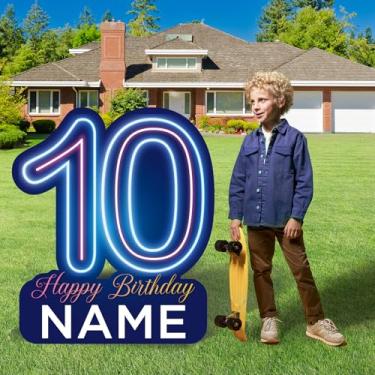 Imagem de Woosytoo Placas De Jardim Grandes Neon 27,5" Com 10 Feliz Aniversário, Nome Personalizado, Placa Gramado Azul Estacas Para Meninos, Decorações Anos, Festa Comemoração
