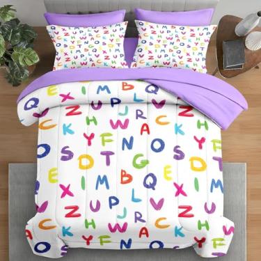 Imagem de Pamnest Jogo de lençol solteiro com alfabeto colorido, 5 peças, multicolorido, pré-escolar inglês, para crianças e adultos, lençol com elástico, fronha e fronha para decoração de quarto