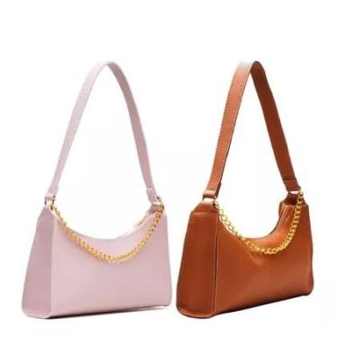 Imagem de Kit 2 Bolsas Femininas Baguetes Lisas Pequenas Correntes de Ombro e de Mão Rosa E Caramelo