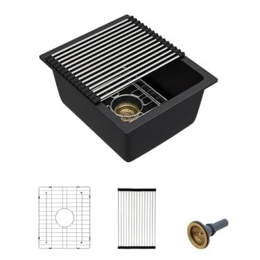 Imagem de Fulorni Pia de preparação de barra de montagem inferior de 38 cm x 45 cm – Lavatório de pia individual de quartzo composto de granito preto fosco clássico sob balcão para bar molhado, trailer, cozinha