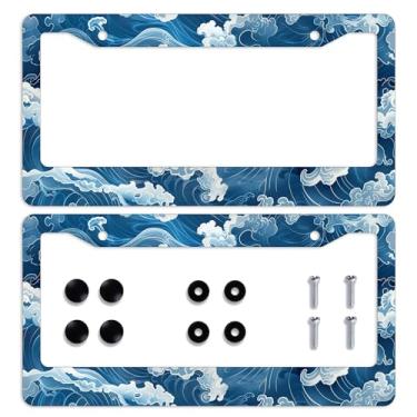 Imagem de Moldura de placa de licença Ocean Waves tradicionais japonesas molduras de placa de licença personalizadas design engraçado de aço inoxidável compatível com suporte de placa de licença padrão para EUA