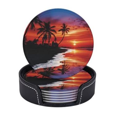 Imagem de Porta-copos com suporte Palmeiras ao anoitecer Porta-copos 6 peças porta-copos redondos para bebidas, canecas, tapete para copos, porta-copos de couro para mesa de café, cozinha, sala de jantar, bar