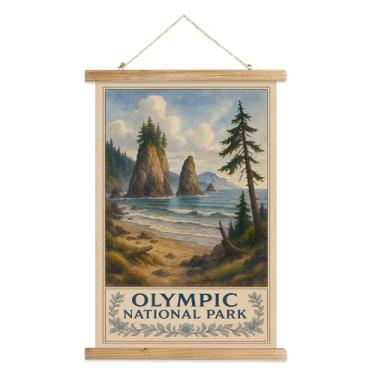 Imagem de MIDEFINCH Impressão artística do Parque Nacional Olímpico, Pôster em tela de linho vintage com moldura de madeira maciça, paisagem rústica para decoração de sala de estar e quarto, 40,6 x 58 cm