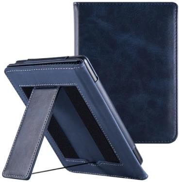 Imagem de Capa com suporte para eReader Kobo Clara Color de 15,2 cm / Clara BW (Modelo N367/ N365)/Clara 2E eReader - Capa fólio de couro PU com duas alças de mão e hibernar/despertar automático (azul escuro)
