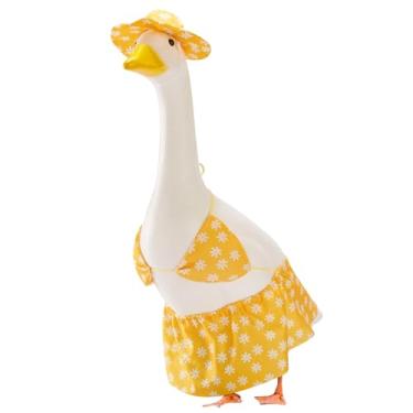 Imagem de EKOREST Roupas de ganso de varanda de verão para estátua de gramado de 58 cm, chapéu de biquíni amarelo, sutiã e saia para estátua de plástico/cimento, roupas de escultura sazonal para decoração de