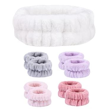Imagem de ZJchao Pulseiras de Microfibra 4 Pares Faixas de Cabelo, Flanela de Toalha Elástica Absorvente, Variedade de Cores, Reutilizável, para Lavar Esportes de Ioga de Spa (B parágrafo)