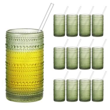 Imagem de GDCCI Conjunto de 12 copos Hobnail de 473 ml, copos verdes vintage em relevo de grande capacidade, copos altos para água, coquetéis, cerveja, uísque, suco e bar