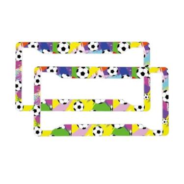 Imagem de Bola de futebol branca em fundo colorido molduras para placa de licença 2 peças capas de placa de carro acessórios externos automotivos design exclusivo com parafusos tampas de arruela para veículos