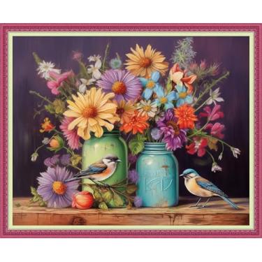 Imagem de Disnesart Kits de bordado completo estampado ponto cruz DIY 11CT fio de algodão impresso DIY kits de bordado artesanato conjunto de costura ponto-cruz - flor pássaro 40,6 x 50,8 cm