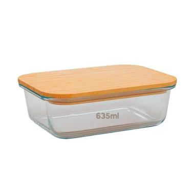 Imagem de Pote Hermético Vidro Refratário Travessa Tampa Bambu 635ml Retangular 