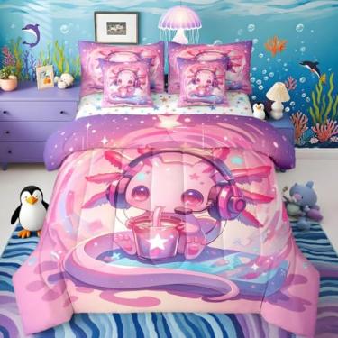Imagem de Jogo de cama infantil com estampa de salamandra, desenho animado de 7 peças, estampa kawaii, oceano, marinha, lençol com lençóis, fronhas e fronhas para decoração de quarto feminino e masculino macio