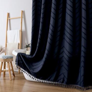 Imagem de OWENIE Cortina de chuveiro de tecido azul marinho, cortinas de chuveiro boho para banheiro chique tufado Chevron listrado texturizado com borla, estilo hotel macio, casa de fazenda, lavável na máquina