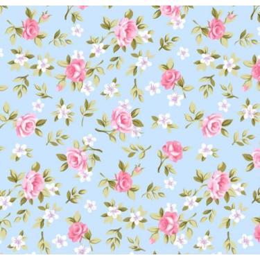 Imagem de Tecido Tricoline Estampado Floral Lucia Azul com Rosa cor - 05, 50x150cm Tecidos Caldeira, 100% Algodão