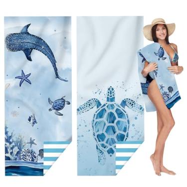 Imagem de ZSYTZL 2 peças de toalha de praia, 71 x 32 grandes, secagem rápida, portátil, para família, casal, praia, acampamento, essenciais para viagem, piscina, Havaí, tartaruga, baleia