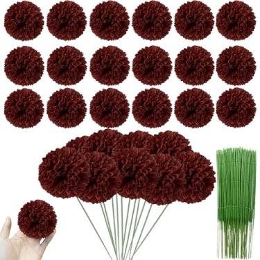 Imagem de HinyoCo 30 peças de crisântemos artificiais com cabeças de flores, buquê de bola de crisântemo de seda, buquês brancos de hortênsia para casa, escritório, cafeteria, festas e casamentos (vermelho