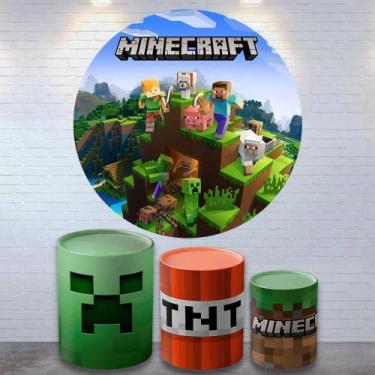 Imagem de Kit Painel de Festa Redondo Trio Cilindro - Minecraft - DeCarllos