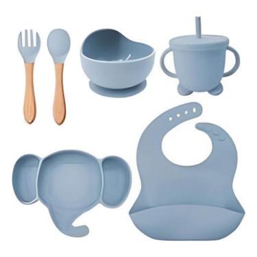 Imagem de Kit Alimentação Bebê Silicone Prato Copo Talher - Azul-Claro
