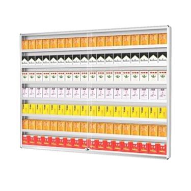 Imagem de Moldura de metal para exibição de cigarros, prateleira de armazenamento de cigarros bloqueável, rack de caixa de fósforos montado na parede, prateleira de cigarro de loja de conveniência, suporte de