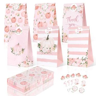 Imagem de Sacos de doces de abóbora Little Pumpkin Baby Shower Party Gift Bags Girl Fall Birthday Thanksgiving Party Lembranças Suprimentos de festa Sacos de saque com adesivos de agradecimento, conjunto de 24