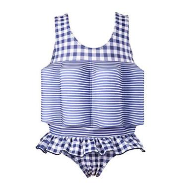 Imagem de FYMNSI maiô infantil flutuante com flutuação de flutuação ajustável roupa de banho de flutuação peça única roupa de banho flutuante para meninos e meninas, Blue (Check Striped), 2-3T