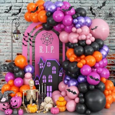 Imagem de Froova Halloween Balloon Arch Kit, 125 Pcs Black Orange Pink Purple Balloon Garland with 3D Bat Stickers for Kids Halloween Baby Shower Wedding Spooky Birthday Party Decorations