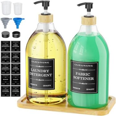 Imagem de Moforoco Dispensador de detergente líquido para roupas com bomba e tampa, 2 unidades de dispensador de sabão de roupa de plástico de 1,8 g, dispensador de amaciante de tecido com bandeja de bambu para