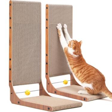 Imagem de FUKUMARU Arranhador para gatos, 67 cm para gatos internos, tábua vertical para arranhar gatos em forma de L, com brinquedo de bola, cor nogueira, 2 pacotes