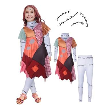 Imagem de Cosrea Vestido feminino de manga curta e meia-calça com adesivo de cicatriz para conjunto de terror de Halloween, Vermelho, 11-12Years