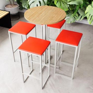 Imagem de Conjunto Mesa Alta Bar Bistrô Redonda Pinus 4 Bancos Estofado Industri