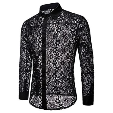 Imagem de Camisa De Renda Preta Sexy Me Camisas De Vestido Transparente Manga De Tronco Butto Floral Trasparet Ight Club Stage Chemise Camisa De Lapela De Renda Completa Cor Sólida Fashio De, B-black, M