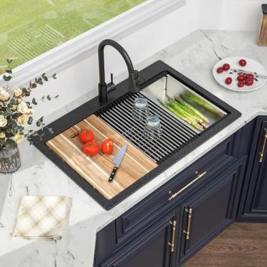 Imagem de Kichae Pia de cozinha 33 Drop In - 84 cm x 56 cm pia de estação de trabalho composta de granito preto gota em granito quartzo pia de cozinha tigela única com combinação de torneira de puxar para baixo