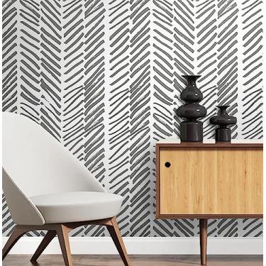 Imagem de Guvana Papel de parede listrado de 43 cm × 497 cm, papel de parede cinza escuro e branco, papel de parede de contato com linha moderna, papel de parede removível autoadesivo para decoração de armários