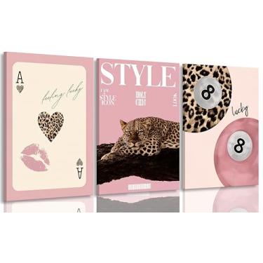 Imagem de Conjunto de 3 quadros de arte de parede em tela de leopardo rosa emoldurados descolados Lucky 8 Ball Poster Prints Preppy Room Aesthetic Cheetah Wall Decor Pictures for Girls Bedroom Apartment Dorm