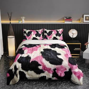 Imagem de lneffble Conjunto de edredom de lã de ovelha fofa com estampa de vaca rosa, branco e preto, felpudo, tamanho casal