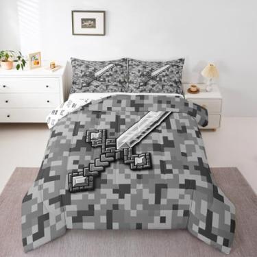 Imagem de Castle Fairy Conjunto de edredom cinza estilo pixel, tamanho solteiro, geométrico, mineiro, 2 peças, para decoração de quarto de crianças, meninas, meninos, espada legal, edredom acolchoado, 1 fronha
