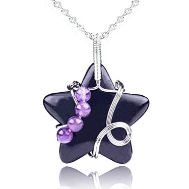 Imagem de FORBY Colar com pingente de cristal em forma de estrela obsidiana preta natural de 30 mm envolto com fio e contas de pentagrama, pingente de cristal curativo, pedra preciosa polida para mulheres