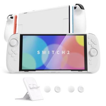 Imagem de PlayVital Ranger Protective Case for Nintendo Switch 2 with Stand | Ergonomic Anti-Slip Silicone Grips, Dockable Hard Shell, 4 Thumbstick Caps | Quick-Release-Joycon Design Full-Body Cover, White