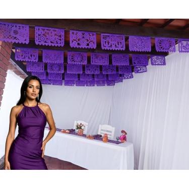 Imagem de Pacote com 5 bandeiras de papel Picado roxo, 15 m de comprimento, guirlandas de papel roxo, decorações de banner mexicano para casamentos, quinze anos, aniversários, artigos de festa Fiesta, WS2010
