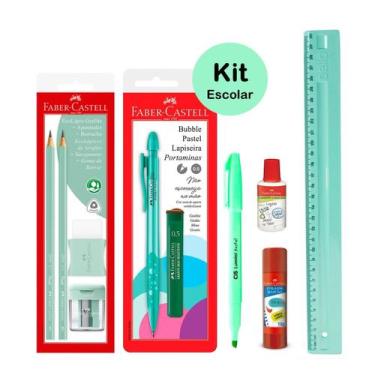 Imagem de Kit Escolar Faber 10un Verde Pastel Lápis Lapiseira Borracha Régua Mar