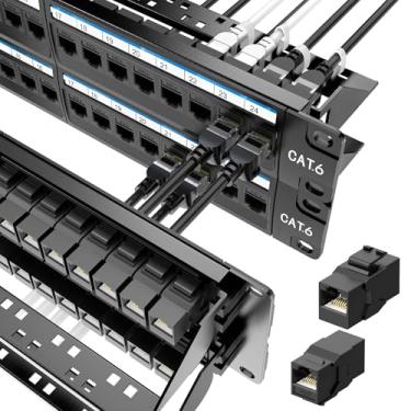 Imagem de Jadaol Patch Panel de 48 portas para montagem em rack ou parede de 48 polegadas, painel de rede Cat6 2U pré-carregado com 48 acopladores Keystone mais 2 peças sobressalentes, painel de patch de