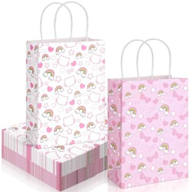 Imagem de 24 peças rosa branco fofo saco de festa de papel gatinho desenho animado gato temático sacos de presente com alças torcidas colorido arco-íris rosa laço petisco doces chá de bebê decoração suprimentos
