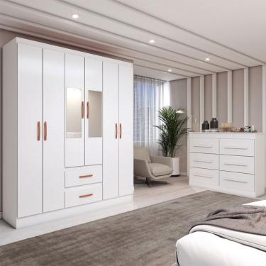 Imagem de Guarda-Roupa Solteiro Europa 6 Portas 2 Gavetas com Cômoda 6 Gavetas com Espelho Branco - Panorama Móveis