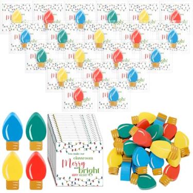 Imagem de Watersay 80 conjuntos de lâmpadas de Natal para estudantes, mini borrachas para sala de aula para crianças com cartões e bolsas brilhantes para escola, prêmios, presentes de Natal
