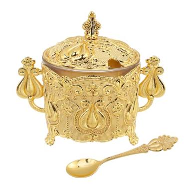 Imagem de Tsnamay Decoração turca em relevo com padrão dourado, tampa de ferro com tampa flip top potes de doces em relevo com tampa e colher 14,2 cm x 11,6 cm para buffet de cozinha de casamento, estilo 6, 1