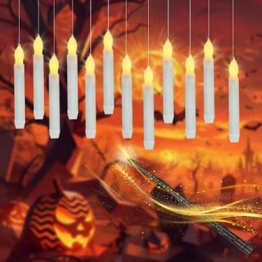 Imagem de LONGSUOCHUANG 12 velas flutuantes com varinha, velas afuniladas amarelas quentes de LED sem chamas com controle remoto, luzes cintilantes operadas por bateria para decoração de janela de festa de