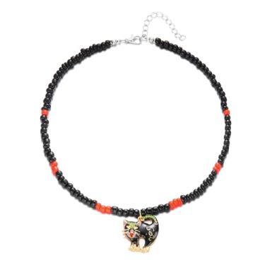 Imagem de IQIC Colar gótico de abóbora de gato preto para mulheres, meninas, cor gótica, corvo com contas de acrílico, coração preto, pingente de metal, gargantilha para festa de Halloween, joia de bruxa