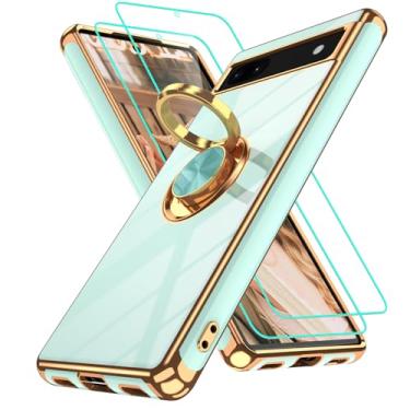 Imagem de Gritup Capa para Google Pixel 6A com 2 peças protetoras de tela | Suporte magnético de rotação de 360° | Revestimento dourado macio TPU protetor básico para Pixel 6A verde claro